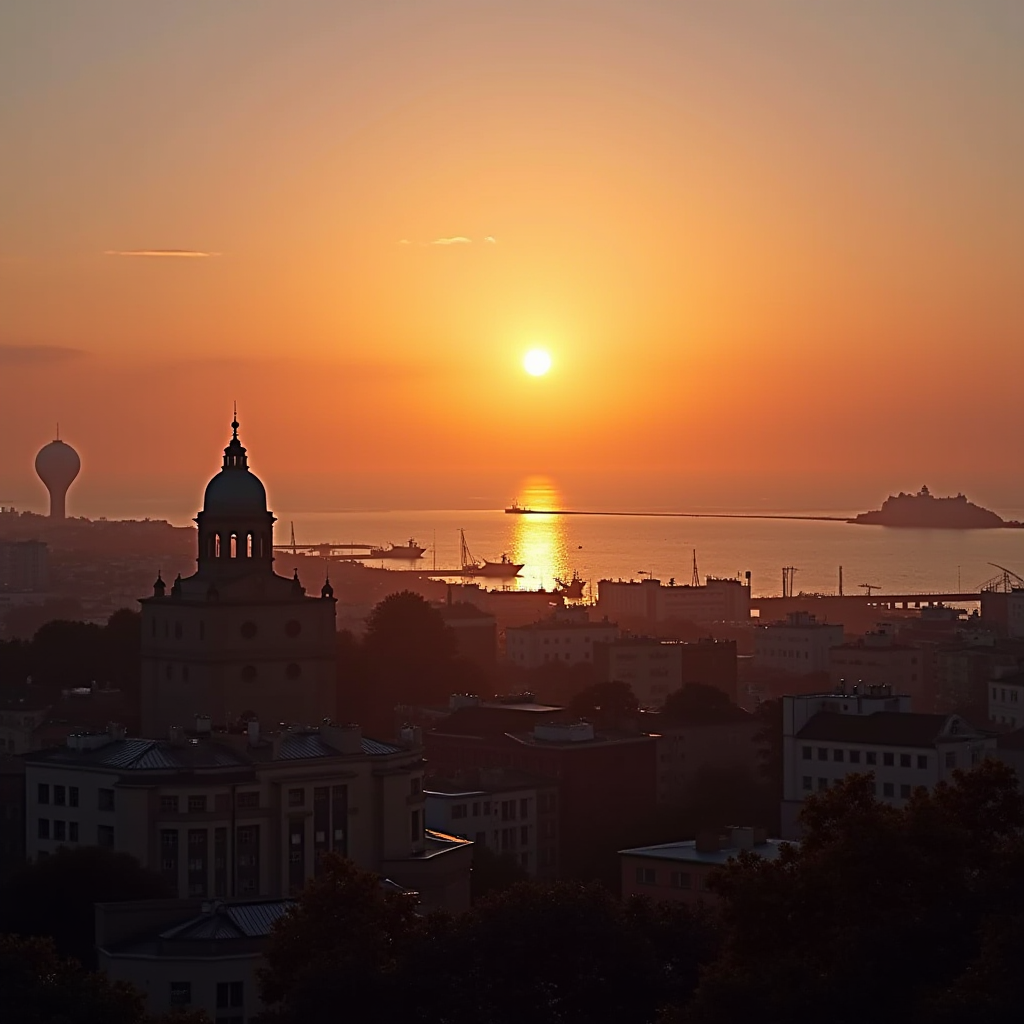 Панорамний вид на Одесу на заході сонця, силуети історичних будівель, Чорне море з відблисками сонця, порт з кораблями, романтична атмосфера вечірнього міста