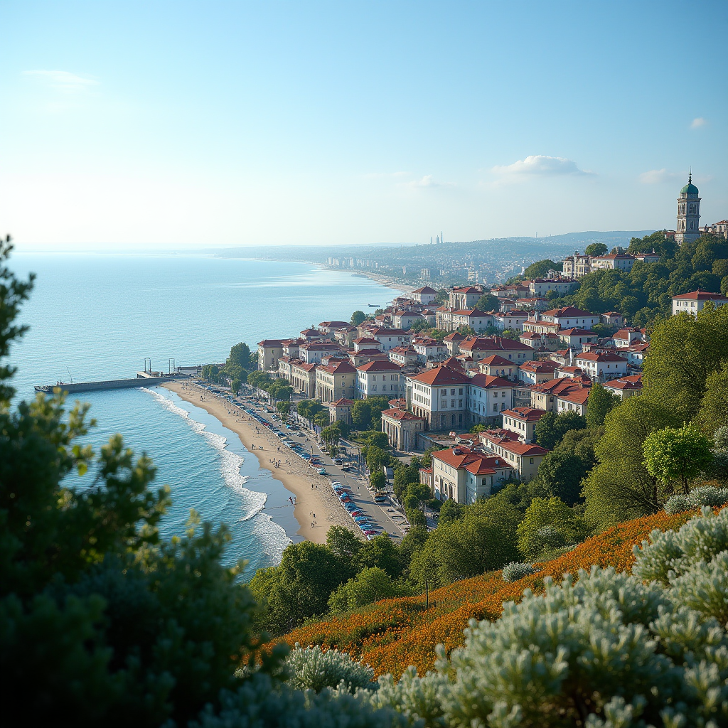 Вітальна композиція Одеси, вид на місто з моря, історична архітектура на пагорбах, пляжі вздовж узбережжя, яскраве небо, атмосфера гостинності та відкритості
