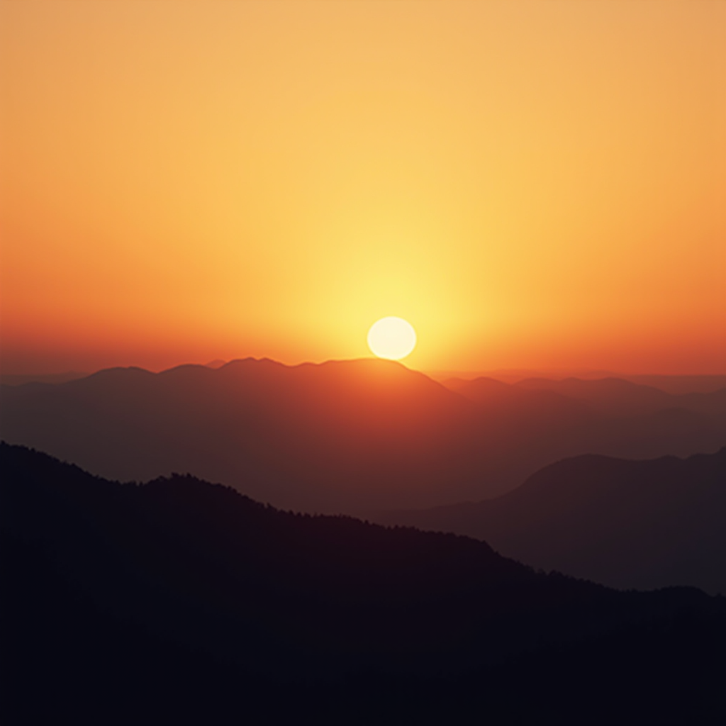 Захід сонця над Карпатськими горами з силуетами хребтів, що переходять один в одний, та золотистим небом