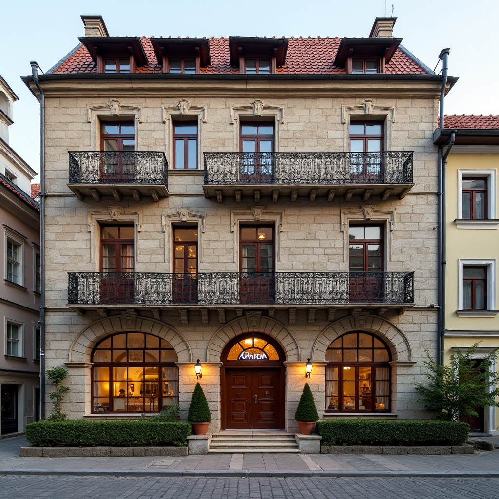 Historic boutique hotel facade in Lviv's UNESCO-protected Old Town quarter, featuring authentic 16th-century architecture with ornate balconies, restored stone walls, and traditional Ukrainian architectural details blending with modern comfort elements
