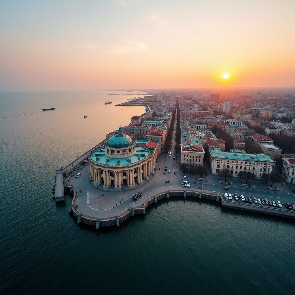 Панорамний вид на Одесу з висоти пташиного польоту, показуючи історичну архітектуру вздовж узбережжя Чорного моря, з видом на Приморський бульвар, Потьомкінські сходи та порт на заході сонця