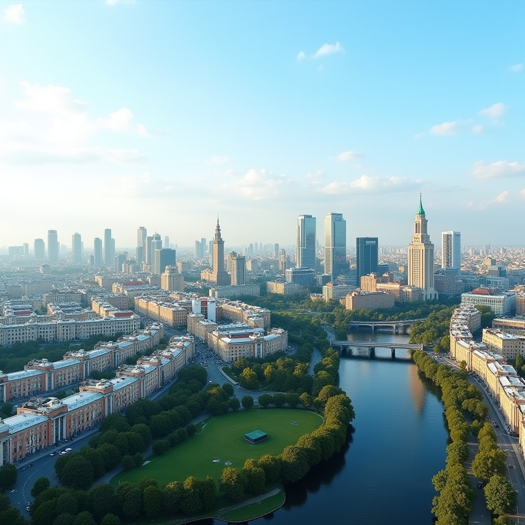 Панорамний вид на Київ з висоти пташиного польоту, що демонструє різноманітні райони столиці, історичні будівлі, сучасні хмарочоси, зелені парки та Дніпро, що протікає через місто під блакитним небом