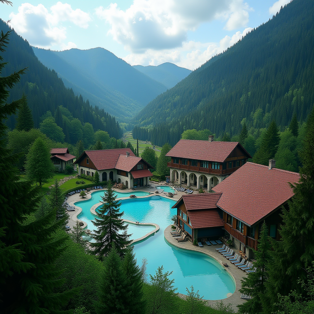 Мальовничий курорт з мінеральними джерелами в Закарпатті, оточений зеленими горами та лісами, з традиційною архітектурою та сучасними spa-павільйонами