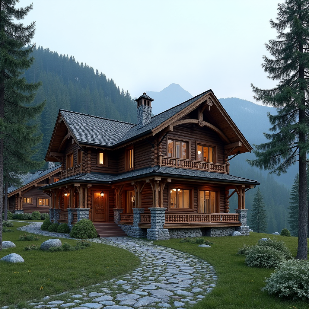 Traditional Hutsul-style guesthouse nestled in the Ukrainian Carpathian mountains, surrounded by pine forests and mountain peaks, featuring authentic wooden architecture, carved decorative elements, and panoramic views of Bukovel ski slopes and hiking trails