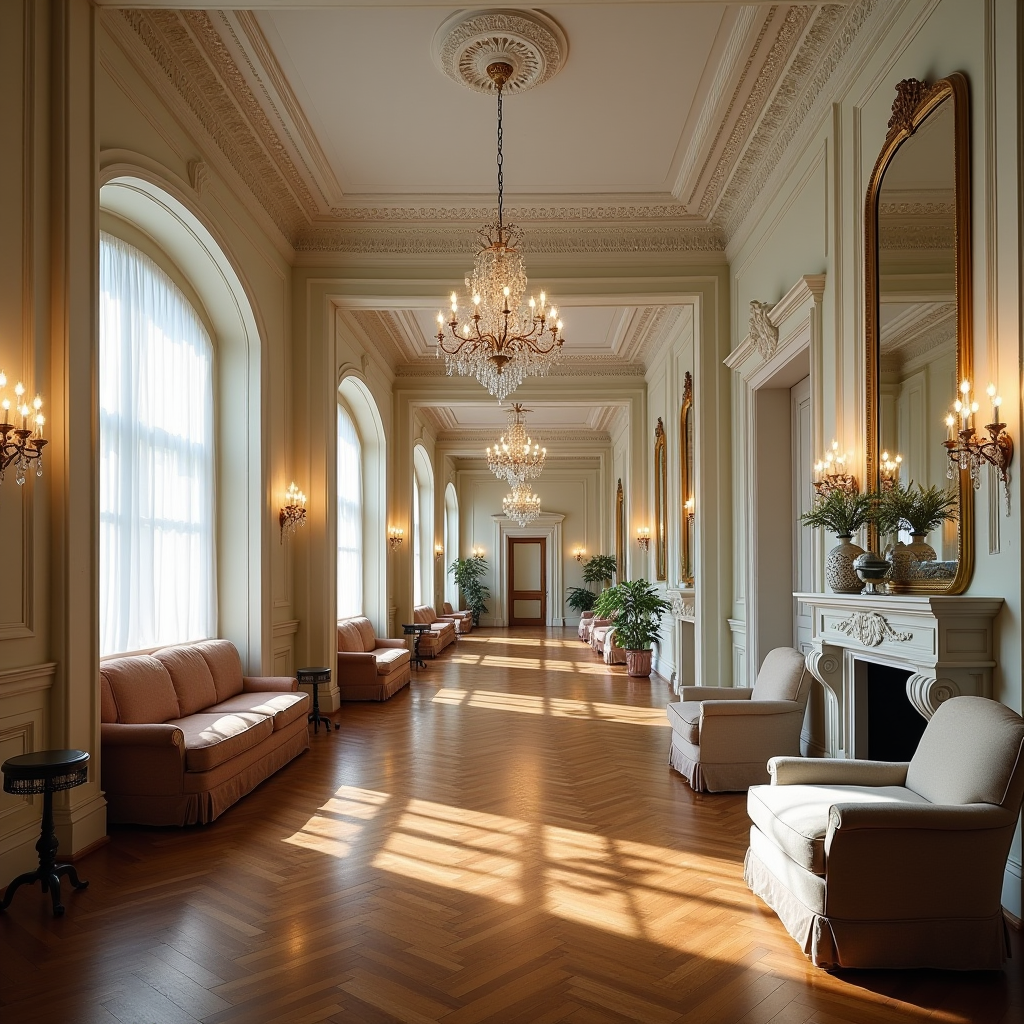 Інтер'єр історичного готелю з високими стелями, ліпниною, антикварними меблями, кришталевою люстрою та паркетною підлогою