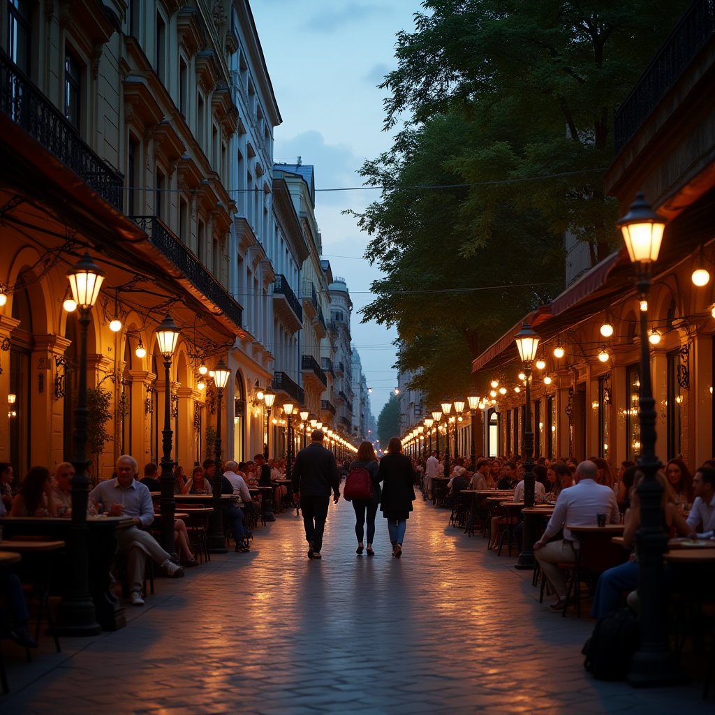 Вулиця Дерибасівська в Одесі, пішохідна зона з історичними будівлями 19 століття, кафе з літніми терасами, вуличними музикантами та туристами, що прогулюються вечірнім освітленням