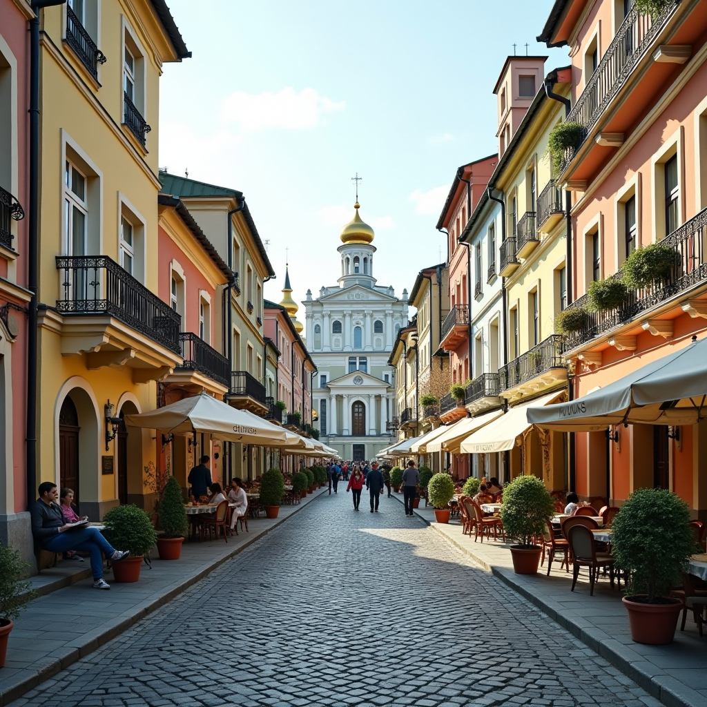 Мальовничий вид на історичний Подільський район Києва з брукованими вуличками, старовинними будівлями пастельних кольорів, затишними кафе з літніми терасами, церквами з золотими банями та місцевими жителями, що прогулюються вузькими провулками
