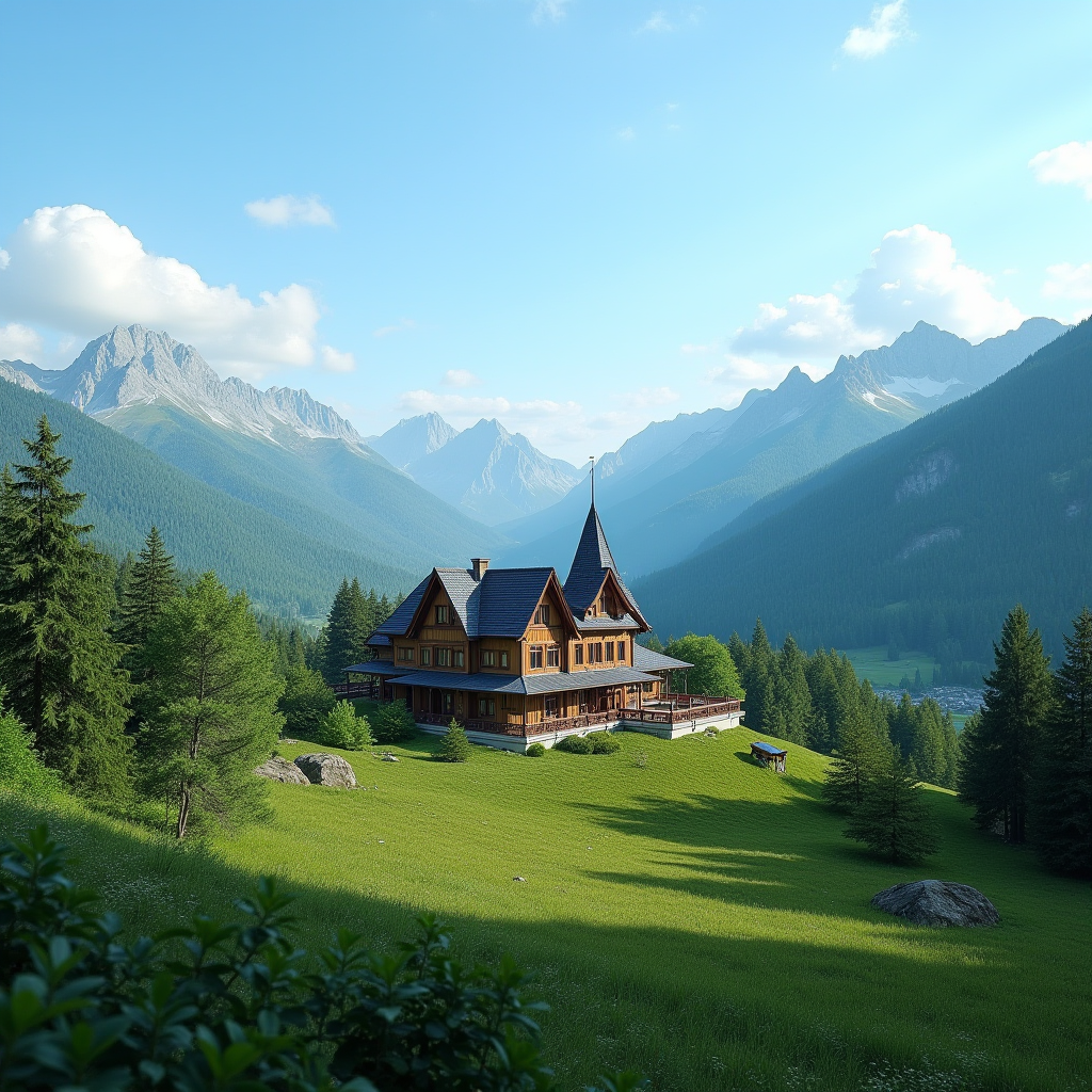 Мальовничий український пейзаж з готелем на тлі гір, зелених лісів та блакитного неба, що демонструє природну красу регіону
