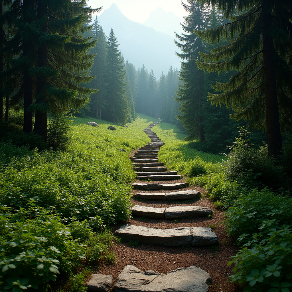 Мальовничий гірський маршрут в Карпатах з дерев'яними сходами, що ведуть через густий ліс до полонини