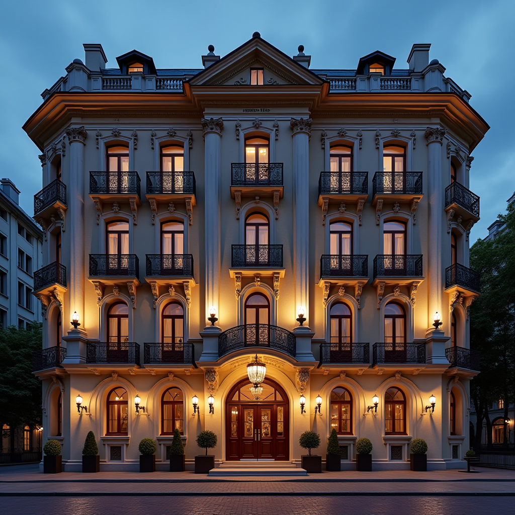 Фасад історичного готелю в Одесі, класична архітектура 19 століття з балконами, колонами та декоративними елементами, освітлений вечірніми ліхтарями, з вивіскою готелю та вхідною групою