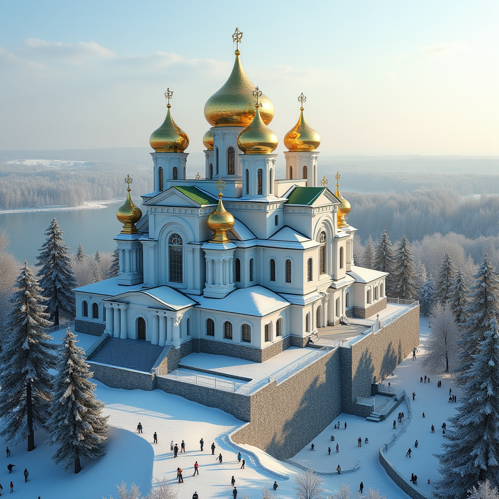 Величний комплекс Києво-Печерської лаври з золотими куполами церков, що сяють на сонці, білосніжними стінами монастиря, зеленими схилами, що спускаються до Дніпра, та туристами, які милуються архітектурною красою