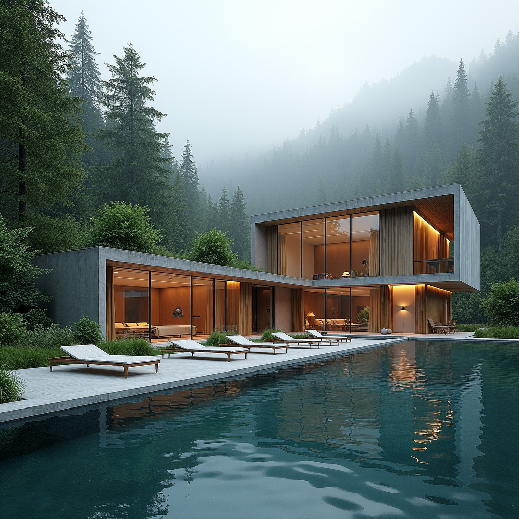 Сучасний spa-комплекс у Моршині серед карпатських лісів, з панорамними вікнами та терасами для релаксації