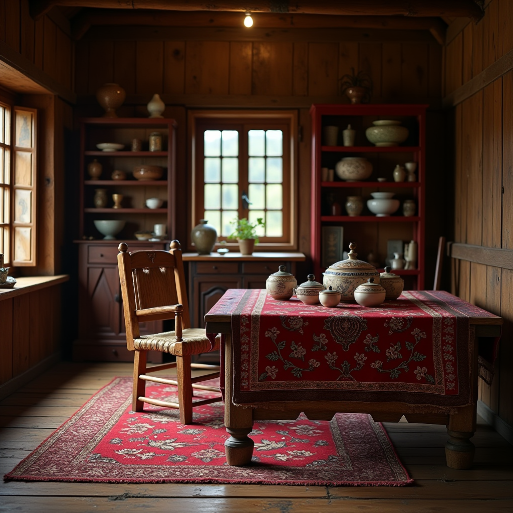 Інтер'єр традиційної гуцульської кімнати з дерев'яними меблями, вишитими текстильними виробами та керамічним посудом