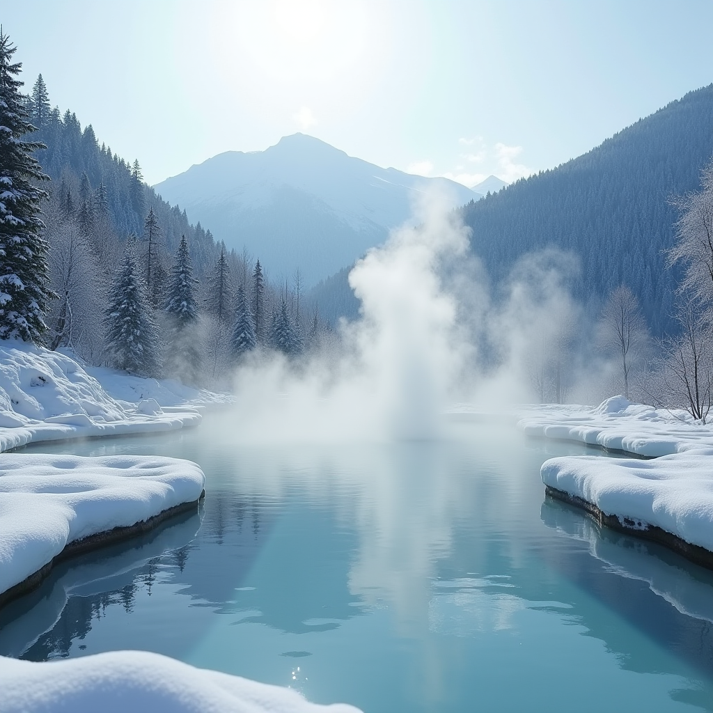 Відкриті термальні басейни в Закарпатті з паром, що піднімається над водою, на тлі засніжених гір та зимового лісу