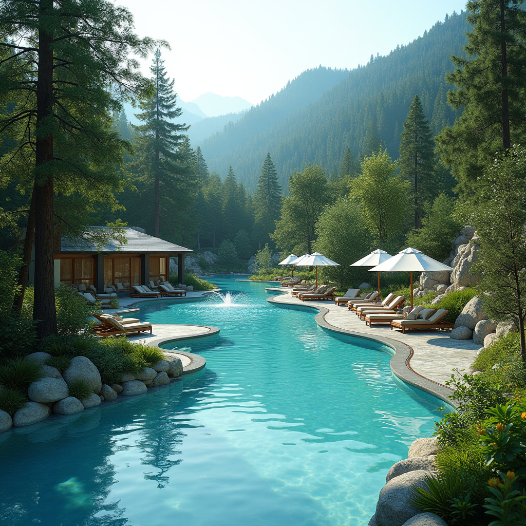 Luxurious spa and wellness resort in Transcarpathia featuring natural mineral spring pools with therapeutic waters, surrounded by lush green forests, modern spa facilities with traditional Ukrainian healing treatments, thermal baths, and serene mountain landscapes of Truskavets and Morshin health resort towns