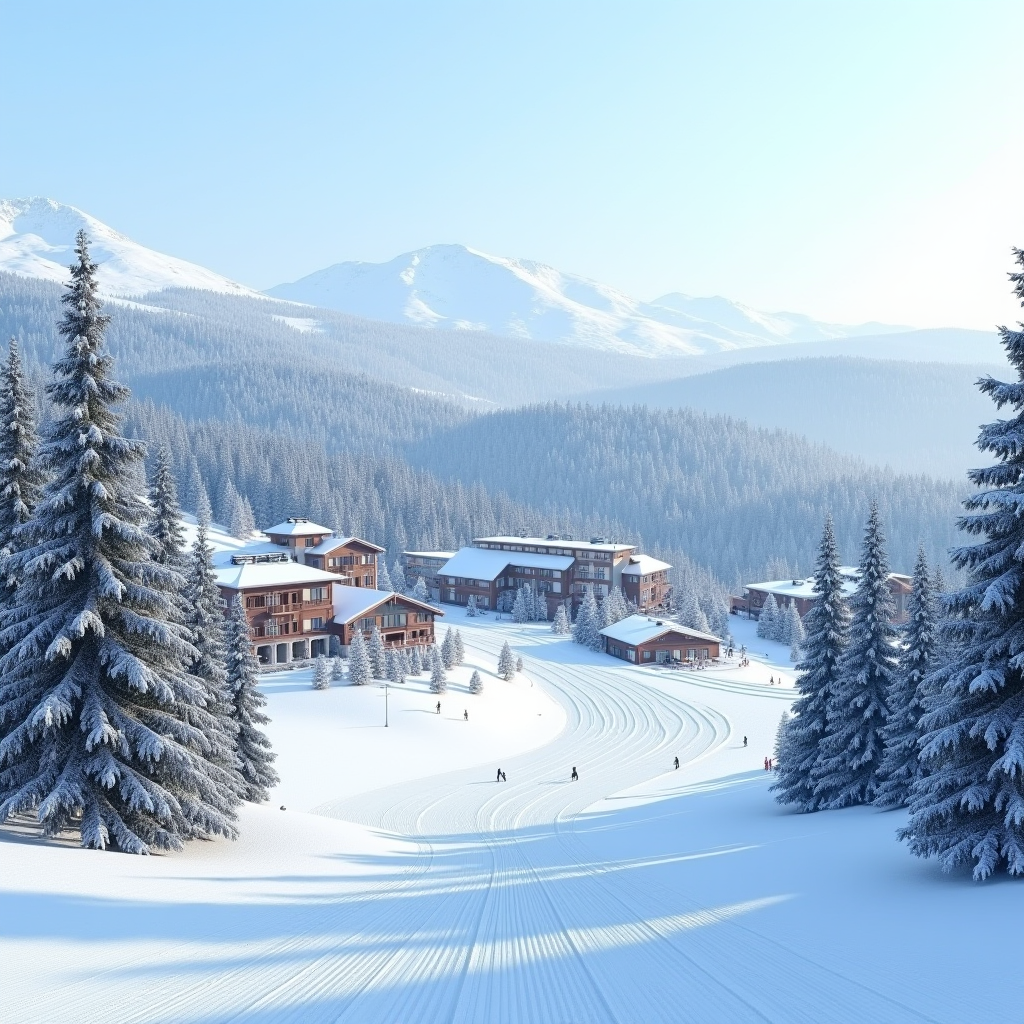 Сучасний гірськолижний курорт Буковель з підйомниками, готелями та засніженими схилами, оточеними хвойними лісами