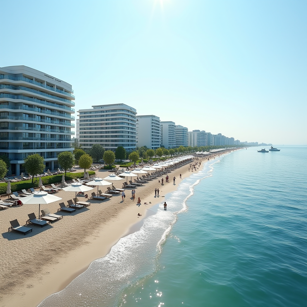 Пляж Аркадія в Одесі, сучасні готельні комплекси вздовж узбережжя, пляжна зона з лежаками та парасольками, туристи на пляжі, морський пейзаж з яхтами на горизонті