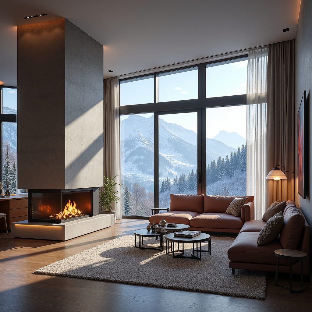 Розкішний інтер'єр готелю в Буковелі з сучасним дизайном, великими вікнами з видом на гори, каміном та елегантними меблями
