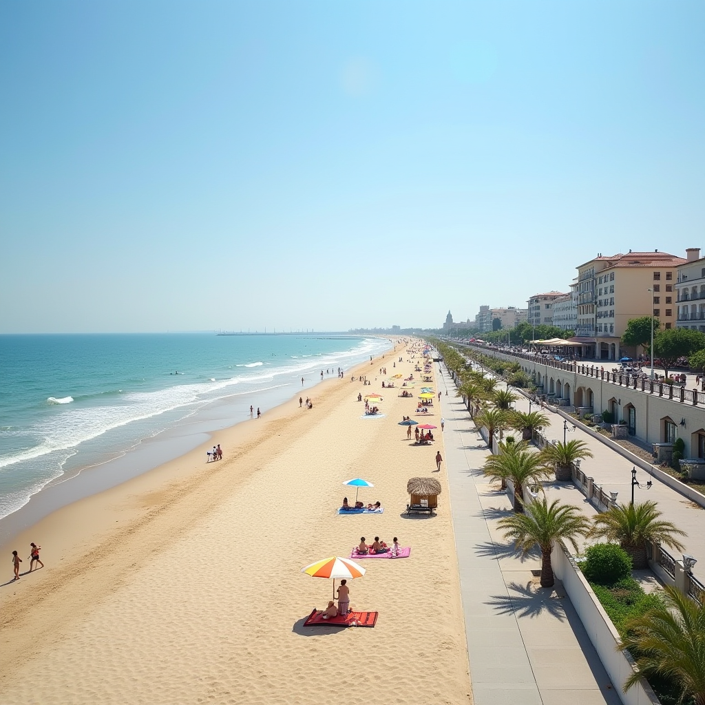 Пляж Ланжерон в Одесі, широка пляжна смуга з дрібним піском, променад вздовж моря, готелі та кафе на набережній, сімейний відпочинок на пляжі, вид на Чорне море