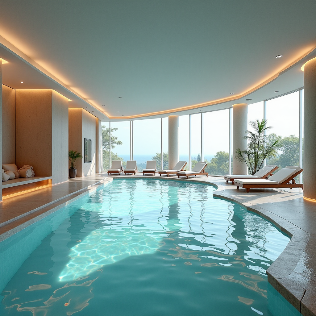 Розкішний spa-центр сучасного готелю в Києві з басейном, зоною релаксації, сучасним дизайном та панорамними вікнами