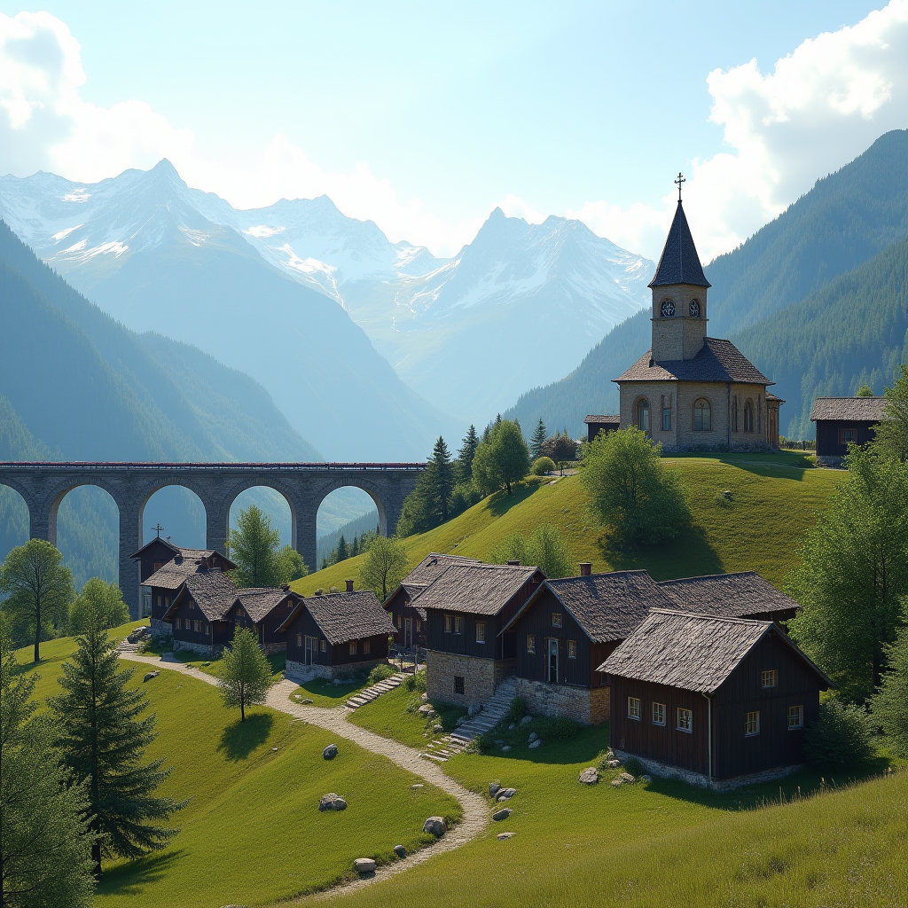 Історичне село Ворохта з традиційними дерев'яними будинками, церквою на пагорбі та залізничним віадуком на тлі гірських вершин