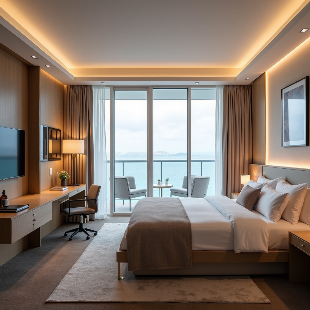 Інтер'єр готельного номера в Одесі, просторий номер з великим вікном з видом на море, сучасні меблі, зручне ліжко, робоча зона, ванна кімната, затишна атмосфера з теплим освітленням