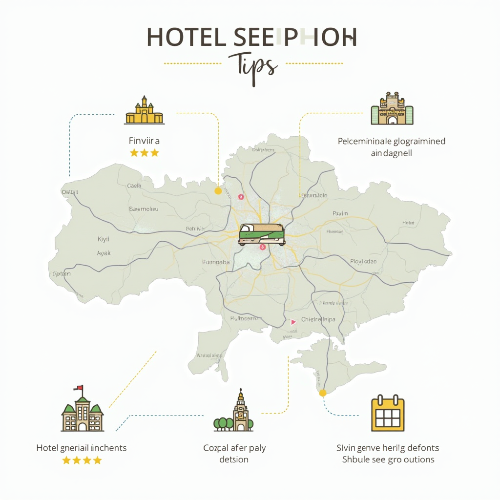 Інфографіка з порадами щодо вибору готелю: карта Києва з позначеними районами, іконки транспорту, визначних пам'яток, календар з сезонами, символи зручностей готелю, рейтингові зірки