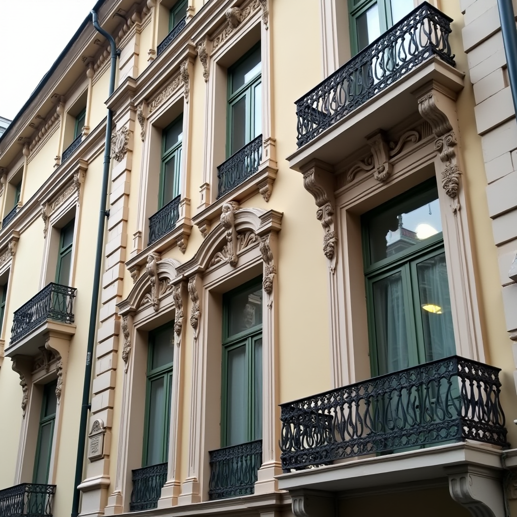Деталі архітектури історичної будівлі в Одесі, класичний фасад з ліпниною, балконами з кованими решітками, високими вікнами, декоративними елементами в стилі класицизму та модерну